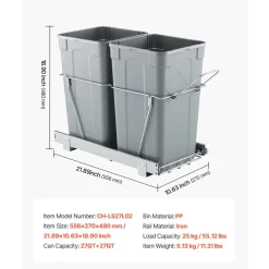 VEVOR Pullout Trash Can for Kitchen Cabinets, 27QTx2 Double Under Sink Garbage Waste Recycling Bin, Under Mount Waste Container, with Heavy Duty Metal Full Extension Sliding System and Handle