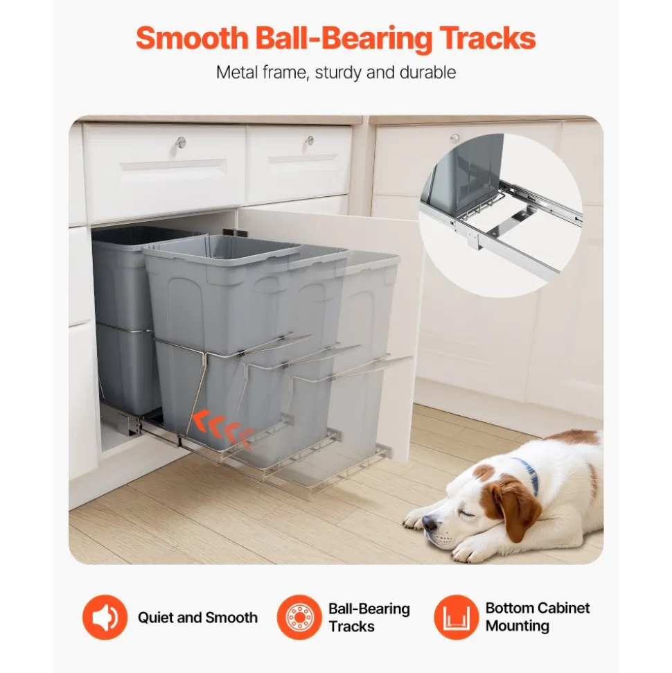VEVOR Pullout Trash Can for Kitchen Cabinets, 27QTx2 Double Under Sink Garbage Waste Recycling Bin, Under Mount Waste Container, with Heavy Duty Metal Full Extension Sliding System and Handle