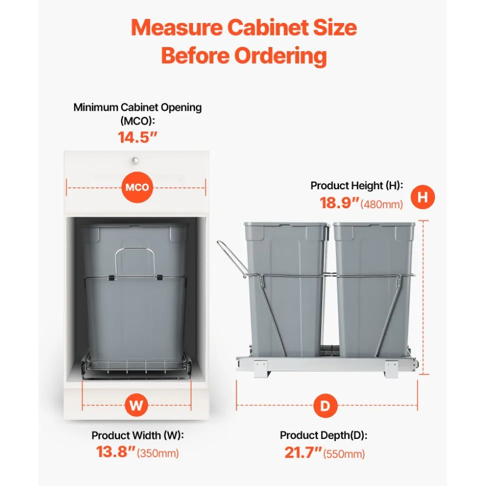 VEVOR Pullout Trash Can for Kitchen Cabinets, 35 QT x2 Double Under Sink Garbage Waste Recycling Bin, Under Mount Waste Container, with Heavy Duty Metal Full Extension Sliding System and Handle