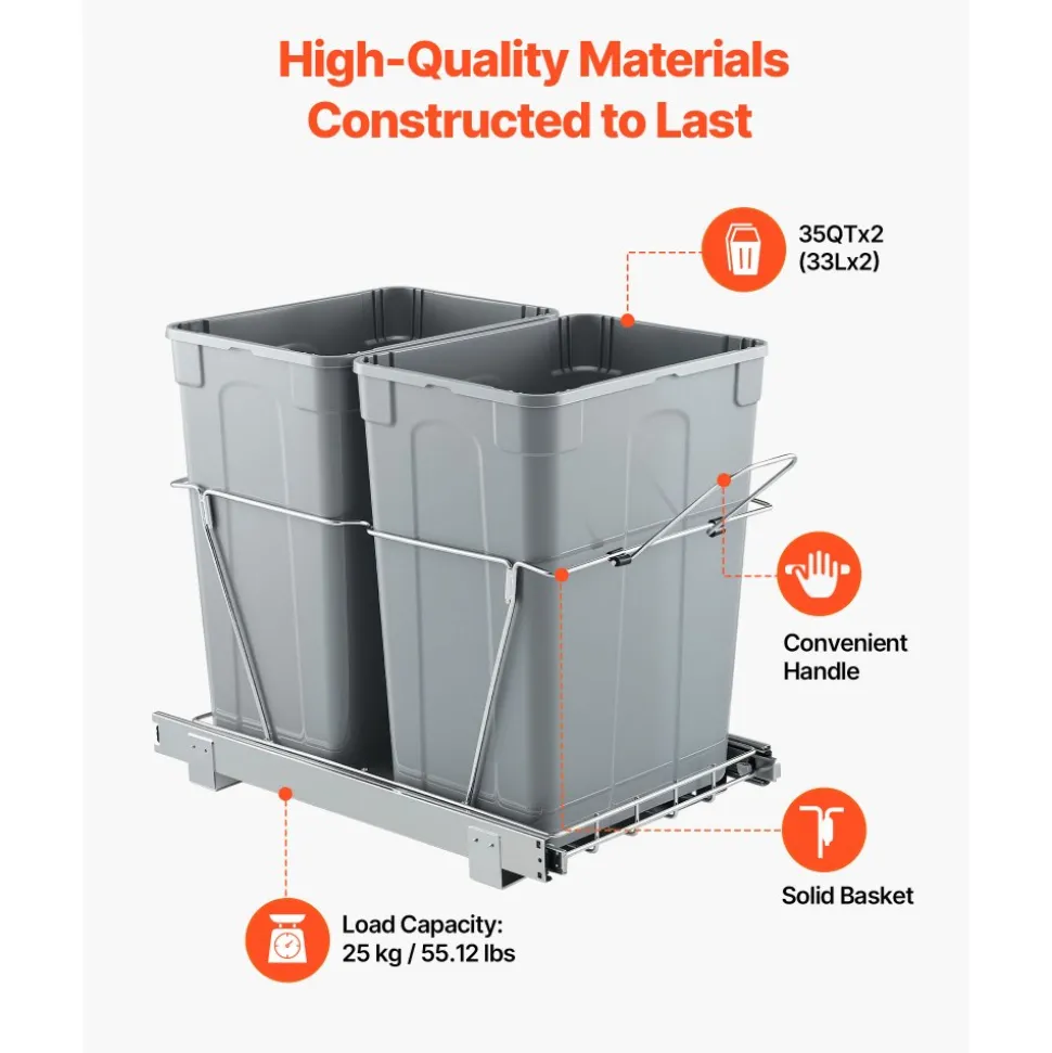 VEVOR Pullout Trash Can for Kitchen Cabinets, 35 QT x2 Double Under Sink Garbage Waste Recycling Bin, Under Mount Waste Container, with Heavy Duty Metal Full Extension Sliding System and Handle
