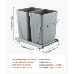 VEVOR Pullout Trash Can for Kitchen Cabinets, 35 QT x2 Double Under Sink Garbage Waste Recycling Bin, Under Mount Waste Container, with Heavy Duty Metal Full Extension Sliding System and Handle