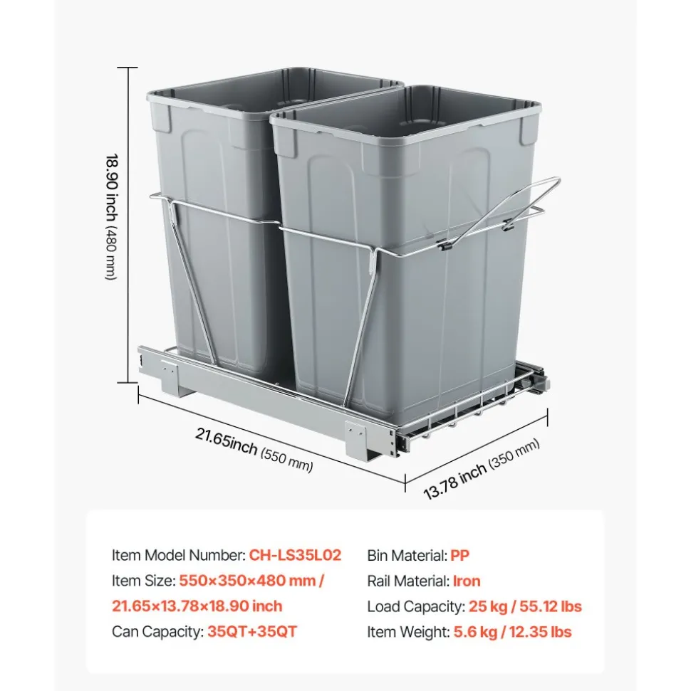 VEVOR Pullout Trash Can for Kitchen Cabinets, 35 QT x2 Double Under Sink Garbage Waste Recycling Bin, Under Mount Waste Container, with Heavy Duty Metal Full Extension Sliding System and Handle