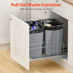 VEVOR Pull-Out Trash Can, 27 QT x2 Double Under Mount Kitchen Waste Container, Heavy Duty Garbage Recycling Bin with Door Kit and Soft Close Slide, for Kitchen Cabinet, Sink, Under Counter (Grey)