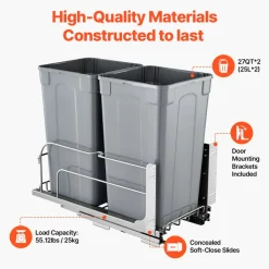 VEVOR Pull-Out Trash Can, 27 QT x2 Double Under Mount Kitchen Waste Container, Heavy Duty Garbage Recycling Bin with Door Kit and Soft Close Slide, for Kitchen Cabinet, Sink, Under Counter (Grey)