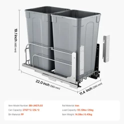 VEVOR Pull-Out Trash Can, 27 QT x2 Double Under Mount Kitchen Waste Container, Heavy Duty Garbage Recycling Bin with Door Kit and Soft Close Slide, for Kitchen Cabinet, Sink, Under Counter (Grey)