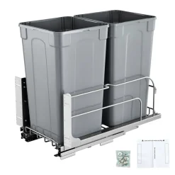 VEVOR Pull-Out Trash Can, 27 QT x2 Double Under Mount Kitchen Waste Container, Heavy Duty Garbage Recycling Bin with Door Kit and Soft Close Slide, for Kitchen Cabinet, Sink, Under Counter (Grey)