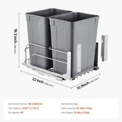 VEVOR Pull-Out Trash Can, 35 QT x2 Double Under Mount Kitchen Waste Container, Heavy Duty Garbage Recycling Bin with Door Kit and Soft Close Slide, for Kitchen Cabinet, Sink, Under Counter (Grey)