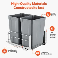 VEVOR Pull-Out Trash Can, 35 QT x2 Double Under Mount Kitchen Waste Container, Heavy Duty Garbage Recycling Bin with Door Kit and Soft Close Slide, for Kitchen Cabinet, Sink, Under Counter (Grey)