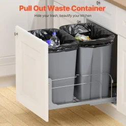 VEVOR Pull-Out Trash Can, 35 QT x2 Double Under Mount Kitchen Waste Container, Heavy Duty Garbage Recycling Bin with Door Kit and Soft Close Slide, for Kitchen Cabinet, Sink, Under Counter (Grey)