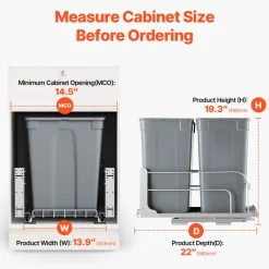 VEVOR Pull-Out Trash Can, 35 QT x2 Double Under Mount Kitchen Waste Container, Heavy Duty Garbage Recycling Bin with Door Kit and Soft Close Slide, for Kitchen Cabinet, Sink, Under Counter (Grey)
