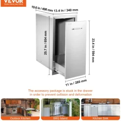 VEVOR Pull Out Trash Drawer 13.6Wx26Hx19.3D Inch Lower Sliding Rails Stainless Steel Roll Out Trash Bin Pull Out Tray Outdoor Kitchen Trash Drawer with Handle for BBQ Island Grill Station No Trash Can