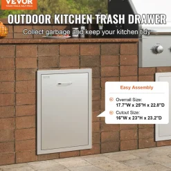 VEVOR Pull Out Trash Drawer 17.7x22.8 Inch Raised Style Trash Bin with Pull-Out Tray Stainless Steel Trash Drawer with Handle for Outdoor Kitchen BBQ Island, Trash Can Not Included