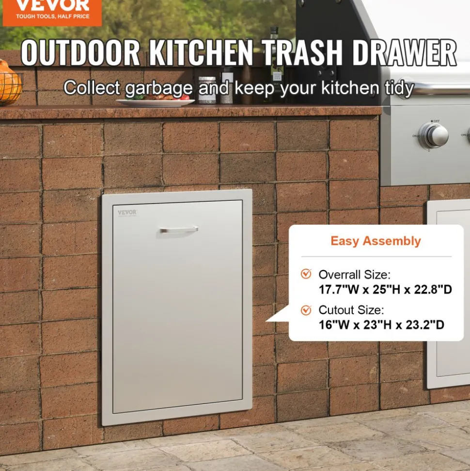 VEVOR Pull Out Trash Drawer 17.7x22.8 Inch Raised Style Trash Bin with Pull-Out Tray Stainless Steel Trash Drawer with Handle for Outdoor Kitchen BBQ Island, Trash Can Not Included