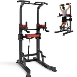 VEVOR Pull Up Bar, 330 LBS Power Tower Dip Station, Workout Dip Station with H-Shaped Stable Base & Assistance Platform, Adjustable 9 Level Height Pullup Stand for Back, 3-Level Adjustable Elbow Pads