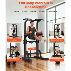 VEVOR Pull Up Bar, 330 LBS Power Tower Dip Station, Workout Dip Station with H-Shaped Stable Base & Assistance Platform, Adjustable 9 Level Height Pullup Stand for Back, 3-Level Adjustable Elbow Pads