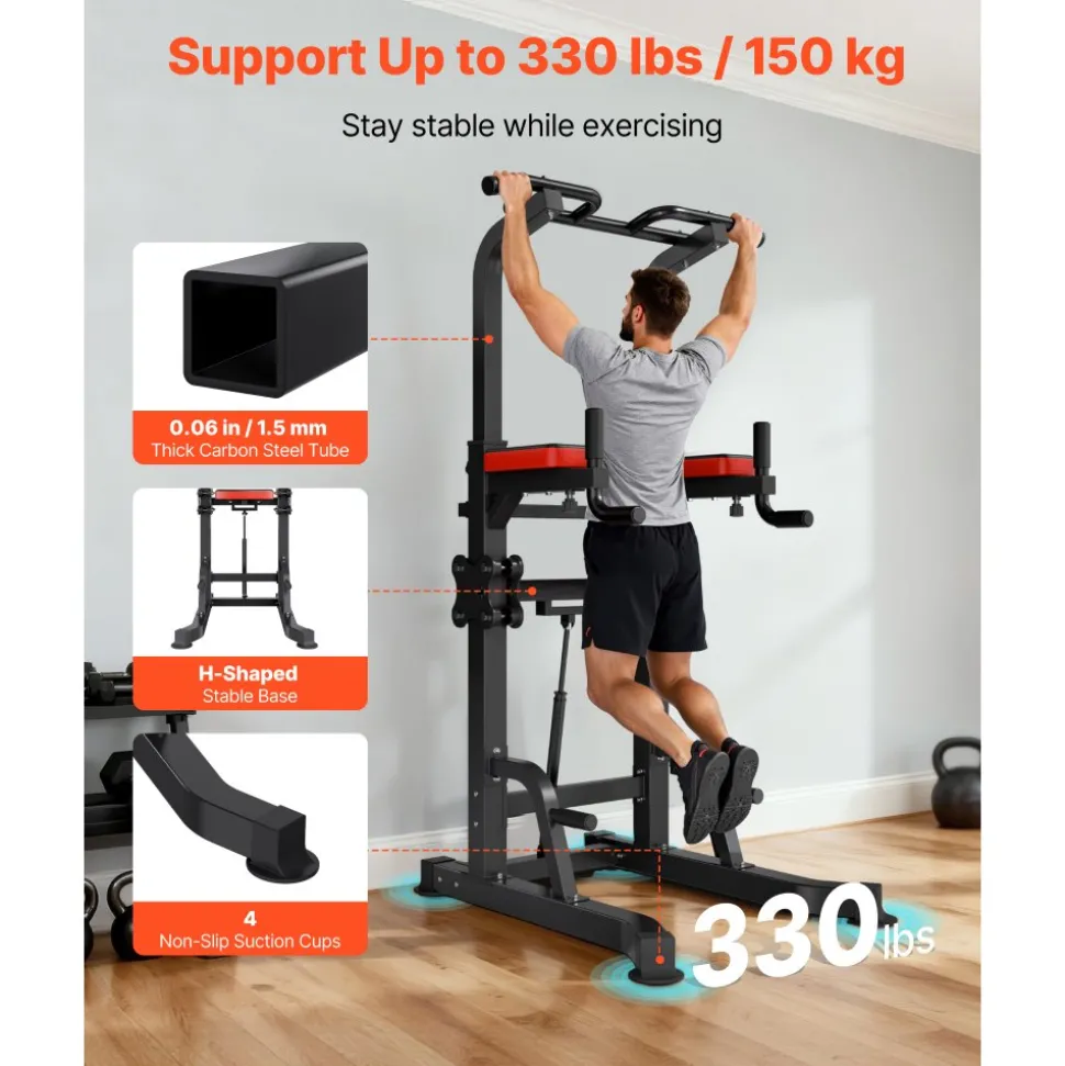 VEVOR Pull Up Bar, 330 LBS Power Tower Dip Station, Workout Dip Station with H-Shaped Stable Base & Assistance Platform, Adjustable 9 Level Height Pullup Stand for Back, 3-Level Adjustable Elbow Pads