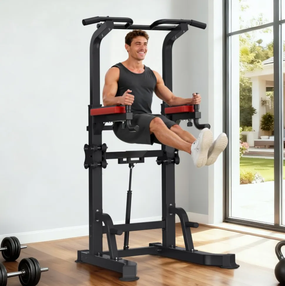 VEVOR Pull Up Bar, 330 LBS Power Tower Dip Station, Workout Dip Station with H-Shaped Stable Base & Assistance Platform, Adjustable 9 Level Height Pullup Stand for Back, 3-Level Adjustable Elbow Pads