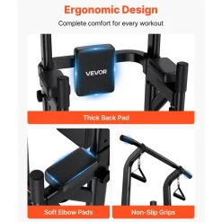VEVOR Pull Up Bar, 330 LBS Power Tower Dip Station, Workout Dip Station with H-Shaped Stable Base & Back Pad, Adjustable 12 Level Height Free Standing Chin Up Bar for Back, 4-Level Adjustable Back Pad
