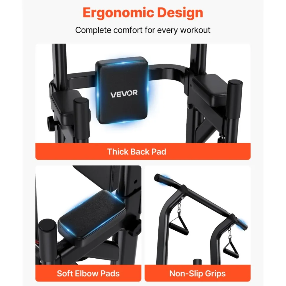 VEVOR Pull Up Bar, 330 LBS Power Tower Dip Station, Workout Dip Station with H-Shaped Stable Base & Back Pad, Adjustable 12 Level Height Free Standing Chin Up Bar for Back, 4-Level Adjustable Back Pad