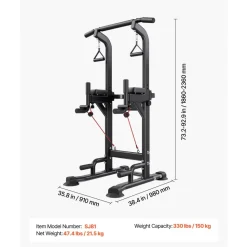 VEVOR Pull Up Bar, 330 LBS Power Tower Dip Station, Workout Dip Station with H-Shaped Stable Base & Back Pad, Adjustable 12 Level Height Free Standing Chin Up Bar for Back, 4-Level Adjustable Back Pad