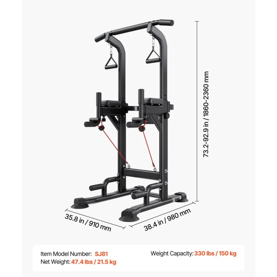 VEVOR Pull Up Bar, 330 LBS Power Tower Dip Station, Workout Dip Station with H-Shaped Stable Base & Back Pad, Adjustable 12 Level Height Free Standing Chin Up Bar for Back, 4-Level Adjustable Back Pad
