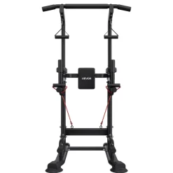 VEVOR Pull Up Bar, 330 LBS Power Tower Dip Station, Workout Dip Station with H-Shaped Stable Base & Back Pad, Adjustable 12 Level Height Free Standing Chin Up Bar for Back, 4-Level Adjustable Back Pad