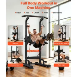 VEVOR Pull Up Bar, 330 LBS Power Tower Dip Station, Workout Dip Station with H-Shaped Stable Base & Back Pad, Adjustable 12 Level Height Free Standing Chin Up Bar for Back, 4-Level Adjustable Back Pad