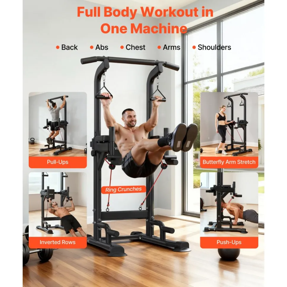 VEVOR Pull Up Bar, 330 LBS Power Tower Dip Station, Workout Dip Station with H-Shaped Stable Base & Back Pad, Adjustable 12 Level Height Free Standing Chin Up Bar for Back, 4-Level Adjustable Back Pad