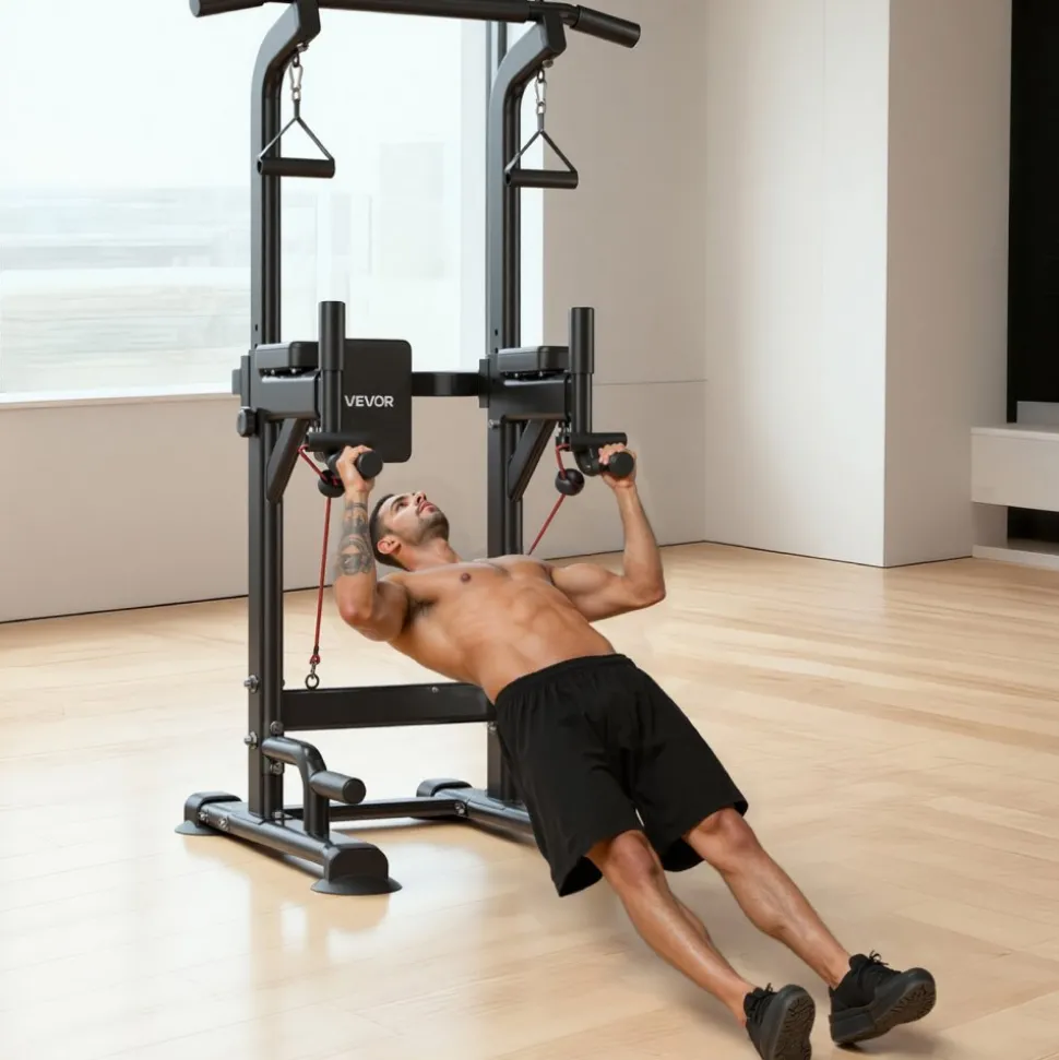 VEVOR Pull Up Bar, 330 LBS Power Tower Dip Station, Workout Dip Station with H-Shaped Stable Base & Back Pad, Adjustable 12 Level Height Free Standing Chin Up Bar for Back, 4-Level Adjustable Back Pad