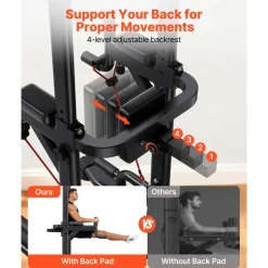 VEVOR Pull Up Bar, 330 LBS Power Tower Dip Station, Workout Dip Station with H-Shaped Stable Base & Back Pad, Adjustable 12 Level Height Free Standing Chin Up Bar for Back, 4-Level Adjustable Back Pad