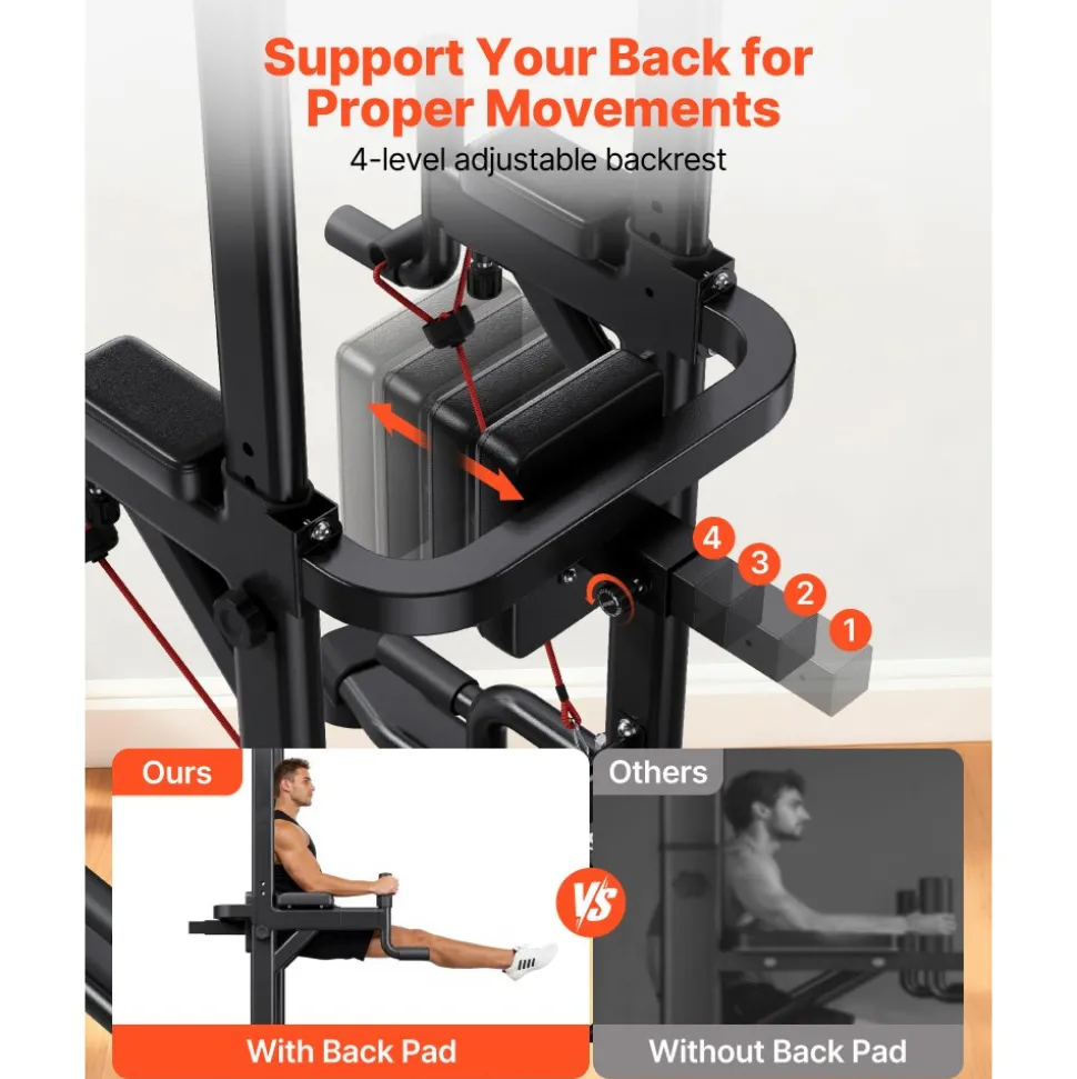 VEVOR Pull Up Bar, 330 LBS Power Tower Dip Station, Workout Dip Station with H-Shaped Stable Base & Back Pad, Adjustable 12 Level Height Free Standing Chin Up Bar for Back, 4-Level Adjustable Back Pad