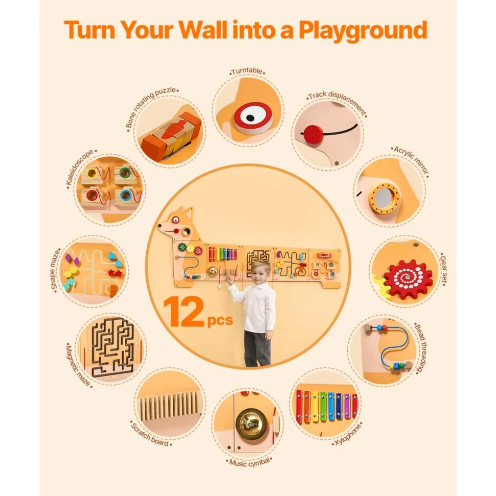 VEVOR Puppy Activity Wall Busy Board Panels, 12 Activities, Montessori Sensory Wall Toy for Kids 3-12 Years, Montessori Learning Activity Center, Ideal for Toddler Playroom Nursery Classroom
