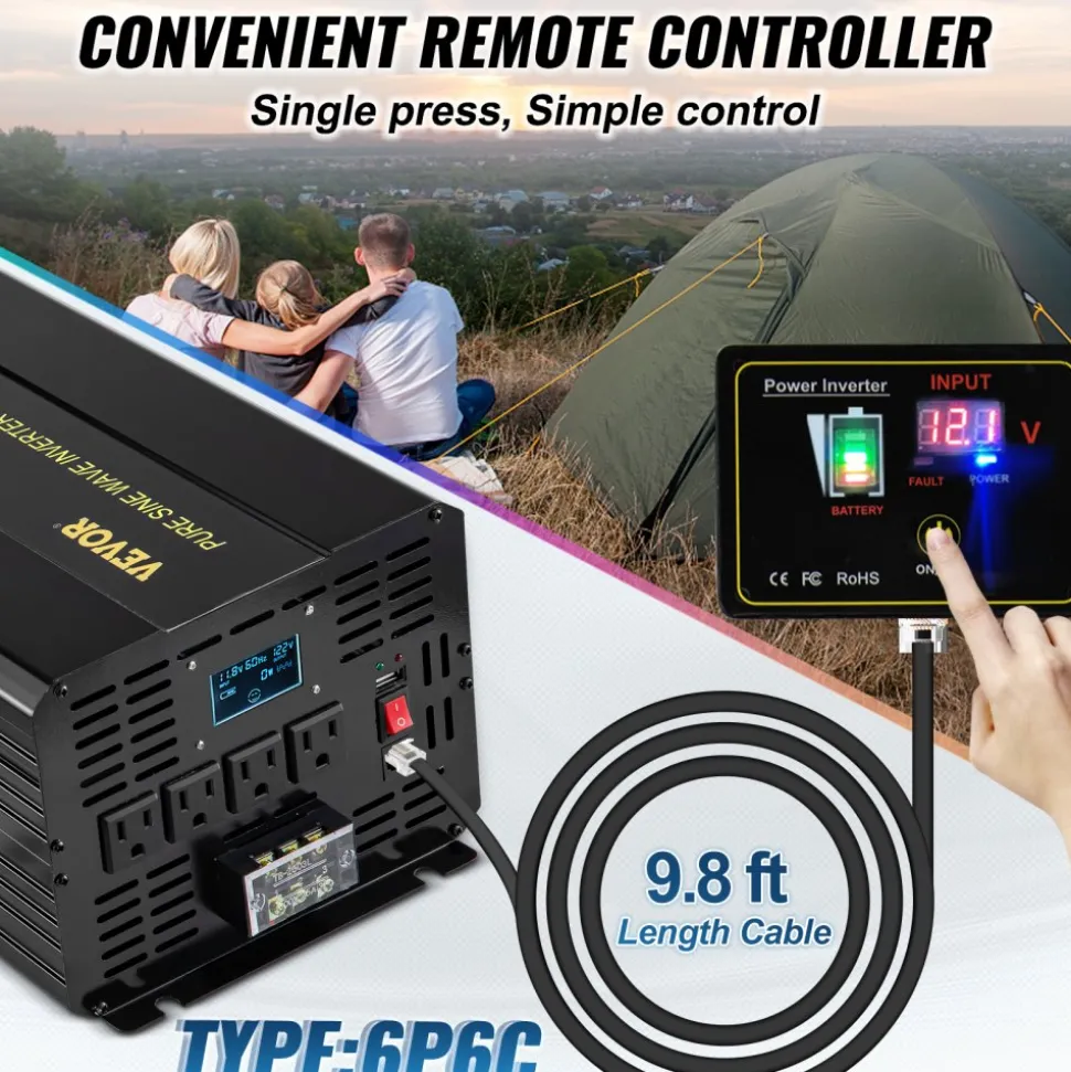 VEVOR Pure Sine Wave Inverter, 2500 Watt Power Inverter, DC 12V to AC 120V Car Inverter, with USB Port, LCD Display, and Remote Controller Power Converter, for RV Truck Car Solar System Travel Camping
