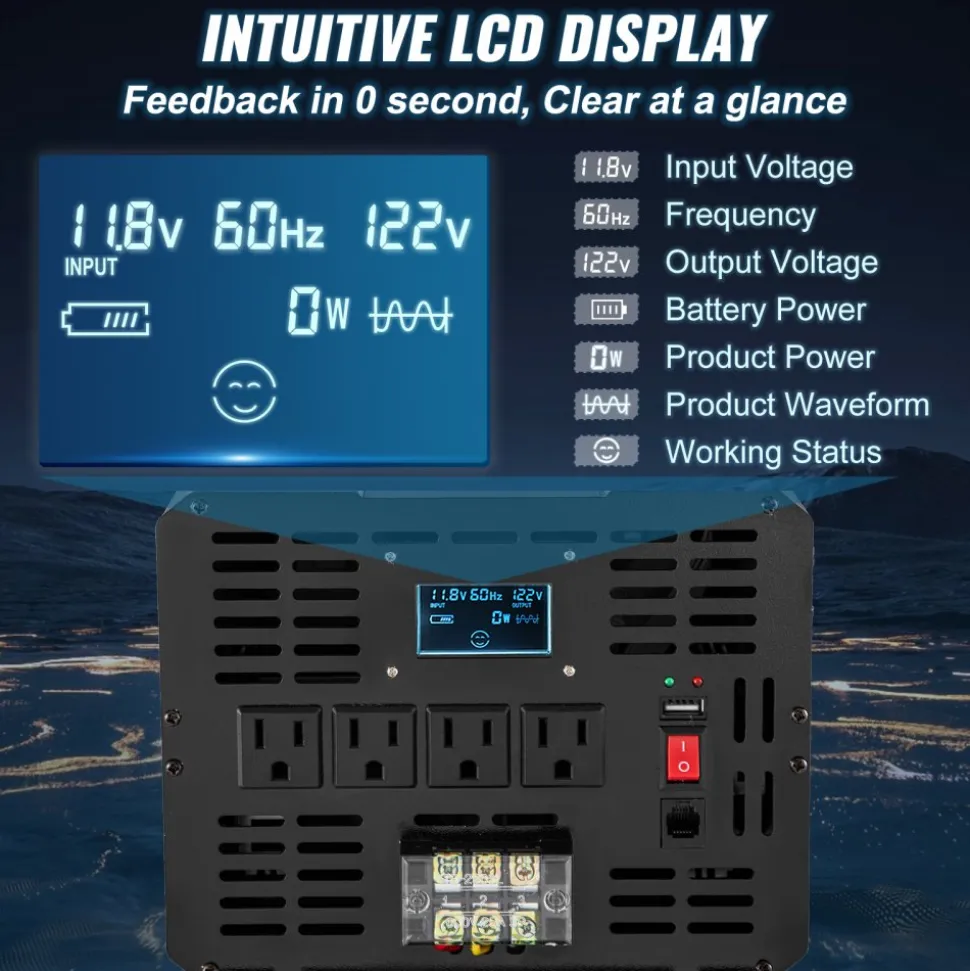 VEVOR Pure Sine Wave Inverter, 2500 Watt Power Inverter, DC 12V to AC 120V Car Inverter, with USB Port, LCD Display, and Remote Controller Power Converter, for RV Truck Car Solar System Travel Camping