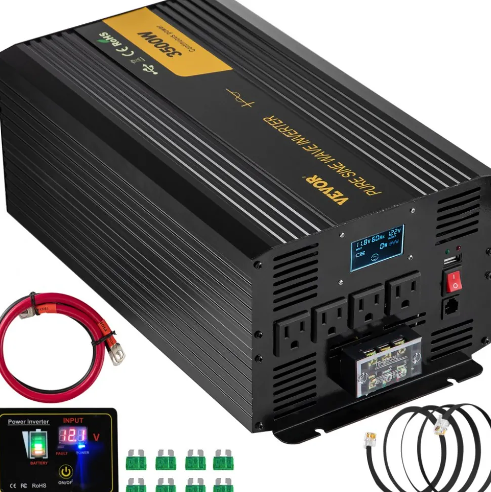 VEVOR Pure Sine Wave Inverter Charger, 2000W, DC 12V to AC 120V Power Inverter with LCD Display, Remote Control, Low Frequency, GFCI, for RV Camper Home, Compatible with 12V LiFePO4 Lithium Batteries