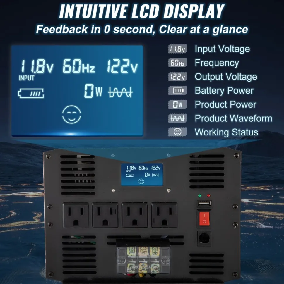 VEVOR Pure Sine Wave Inverter Charger, 2000W, DC 12V to AC 120V Power Inverter with LCD Display, Remote Control, Low Frequency, GFCI, for RV Camper Home, Compatible with 12V LiFePO4 Lithium Batteries
