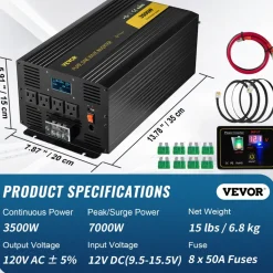 VEVOR Pure Sine Wave Inverter Charger, 2000W, DC 12V to AC 120V Power Inverter with LCD Display, Remote Control, Low Frequency, GFCI, for RV Camper Home, Compatible with 12V LiFePO4 Lithium Batteries