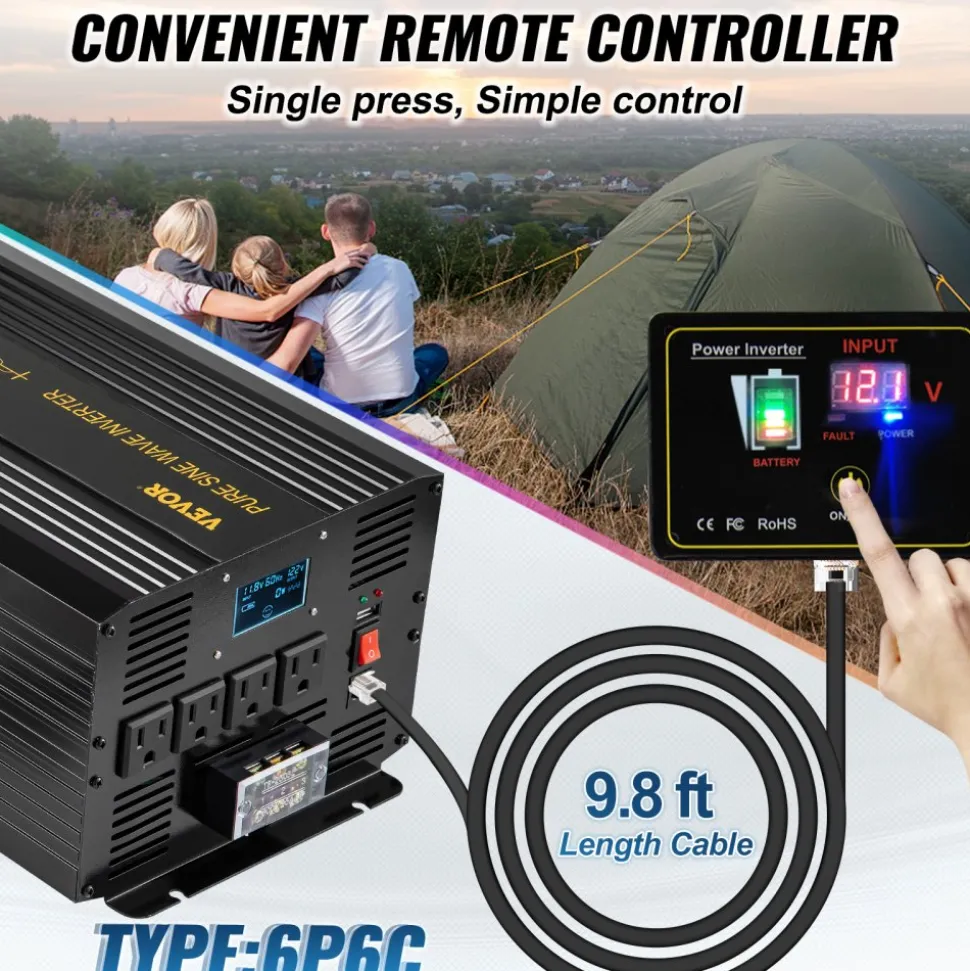 VEVOR Pure Sine Wave Inverter Charger, 2000W, DC 12V to AC 120V Power Inverter with LCD Display, Remote Control, Low Frequency, GFCI, for RV Camper Home, Compatible with 12V LiFePO4 Lithium Batteries