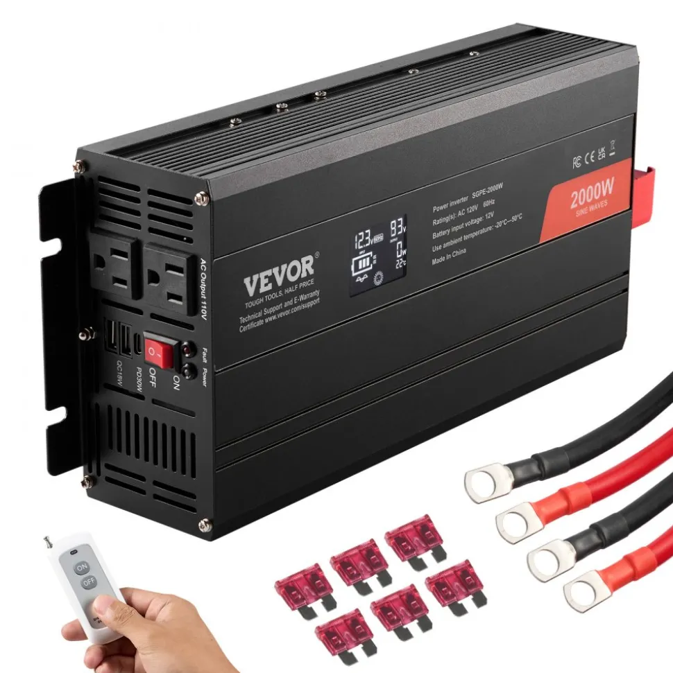 VEVOR Pure Sine Wave Inverter Charger, 5000 Watt, DC 24V to AC 120V Power Inverter with LCD Display, Remote Control, Solar Inverter for Off-Grid Solar RV Boat Home, Compatible with Various Batteries