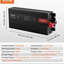 VEVOR Pure Sine Wave Inverter, 3000 Watt, DC 12V to AC 120V Power Inverter with 2 AC Outlets 2 USB Port 1 Type-C Port, LCD Display and Remote Controller for Large Home Appliances, CE FCC Certified