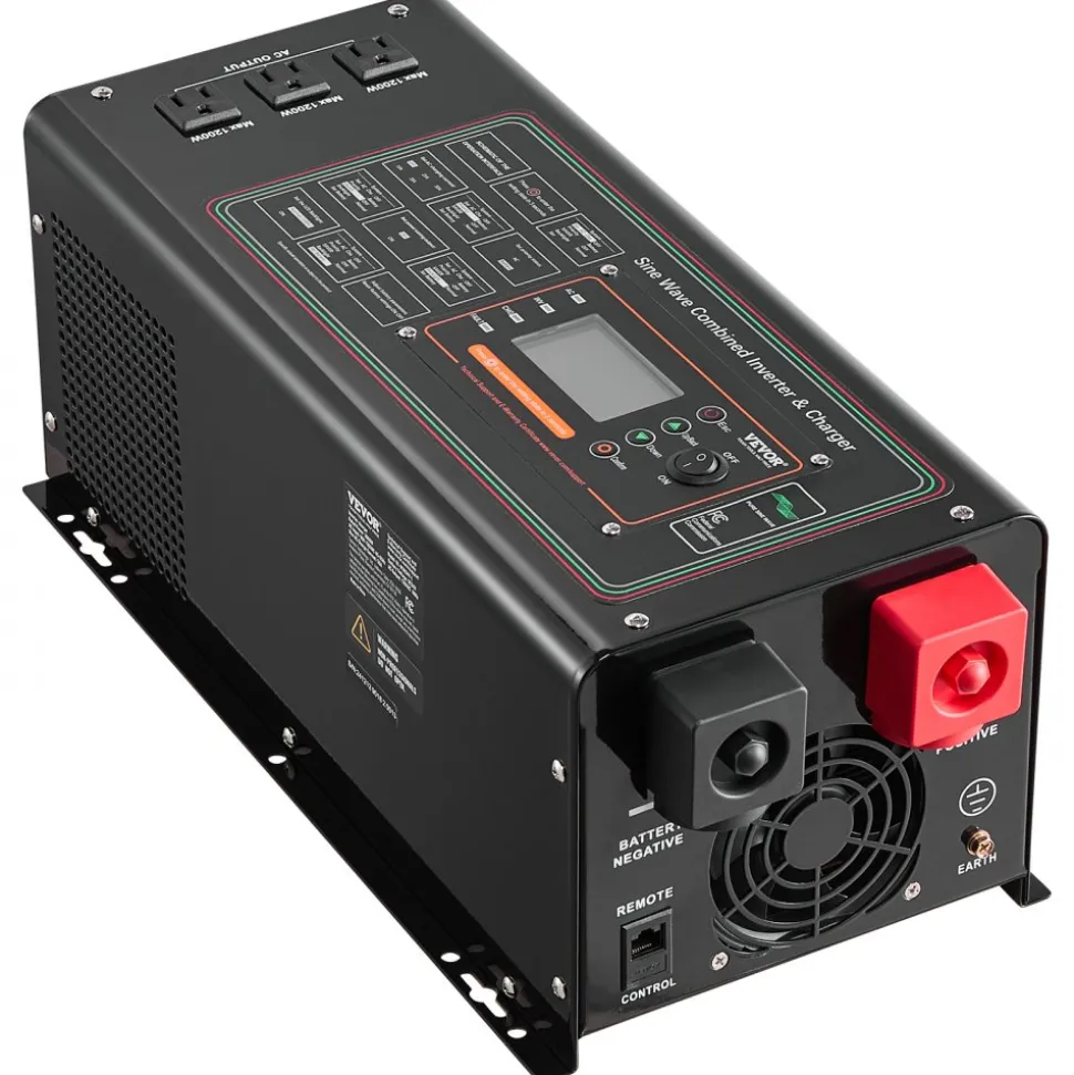 VEVOR Pure Sine Wave Inverter Charger, 3000 Watt, DC 24V to AC 120V Power Inverter with LCD Display, Remote Control, Solar Inverter for Off-Grid Solar RV Boat Home, Compatible with Various Batteries