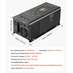 VEVOR Pure Sine Wave Inverter Charger, 3000 Watt, DC 24V to AC 120V Power Inverter with LCD Display, Remote Control, Solar Inverter for Off-Grid Solar RV Boat Home, Compatible with Various Batteries