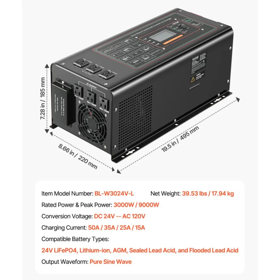 VEVOR Pure Sine Wave Inverter Charger, 3000 Watt, DC 24V to AC 120V Power Inverter with LCD Display, Remote Control, Solar Inverter for Off-Grid Solar RV Boat Home, Compatible with Various Batteries