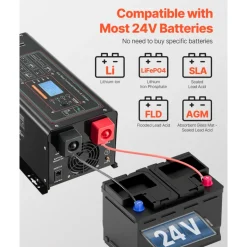VEVOR Pure Sine Wave Inverter Charger, 3000 Watt, DC 24V to AC 120V Power Inverter with LCD Display, Remote Control, Solar Inverter for Off-Grid Solar RV Boat Home, Compatible with Various Batteries