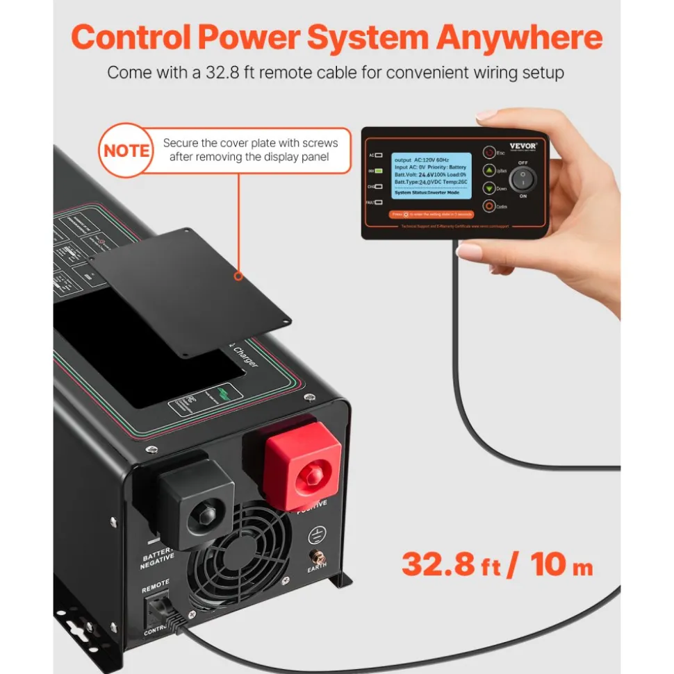VEVOR Pure Sine Wave Inverter Charger, 3000 Watt, DC 24V to AC 120V Power Inverter with LCD Display, Remote Control, Solar Inverter for Off-Grid Solar RV Boat Home, Compatible with Various Batteries