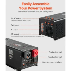 VEVOR Pure Sine Wave Inverter Charger, 3000 Watt, DC 24V to AC 120V Power Inverter with LCD Display, Remote Control, Solar Inverter for Off-Grid Solar RV Boat Home, Compatible with Various Batteries