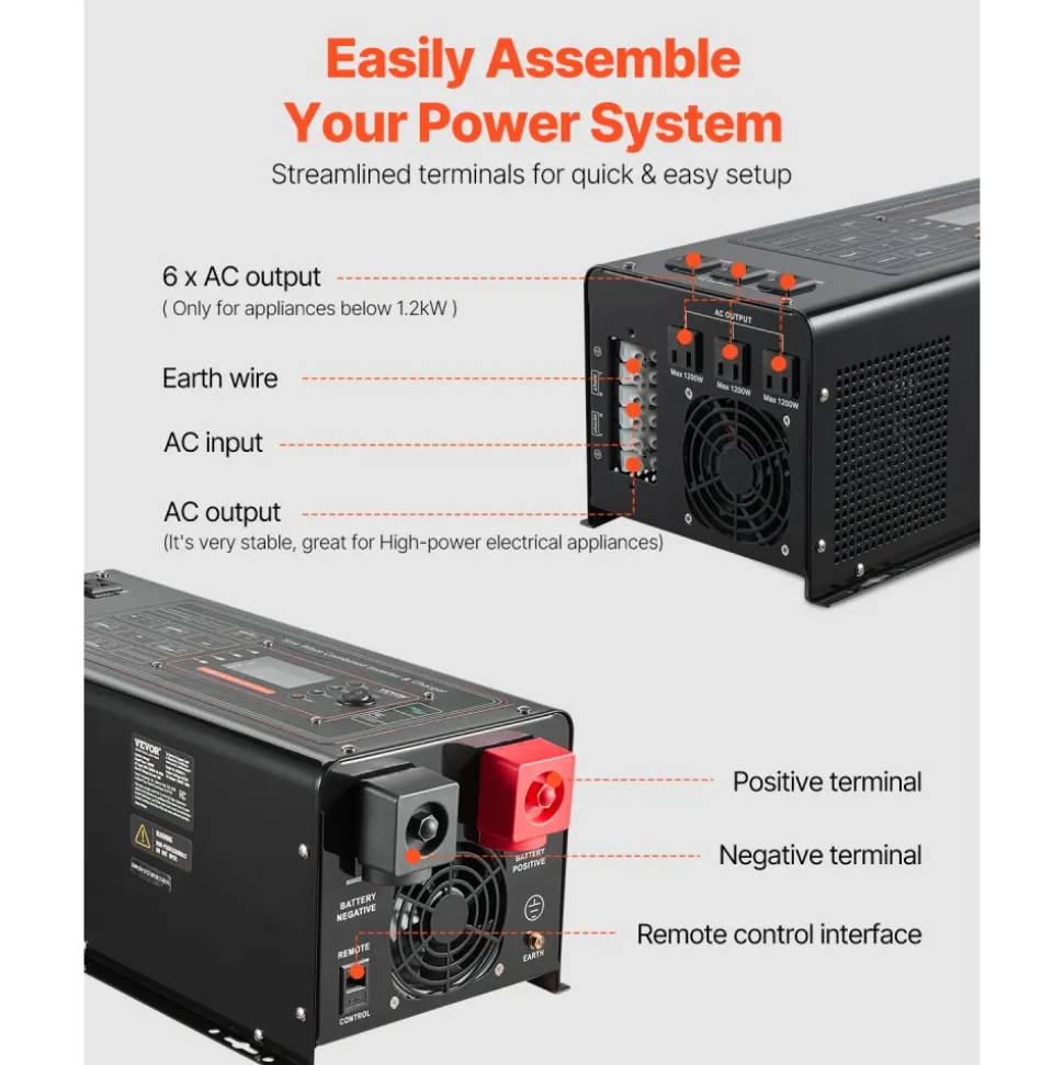 VEVOR Pure Sine Wave Inverter Charger, 3000 Watt, DC 24V to AC 120V Power Inverter with LCD Display, Remote Control, Solar Inverter for Off-Grid Solar RV Boat Home, Compatible with Various Batteries