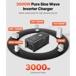 VEVOR Pure Sine Wave Inverter Charger, 3000 Watt, DC 24V to AC 120V Power Inverter with LCD Display, Remote Control, Solar Inverter for Off-Grid Solar RV Boat Home, Compatible with Various Batteries