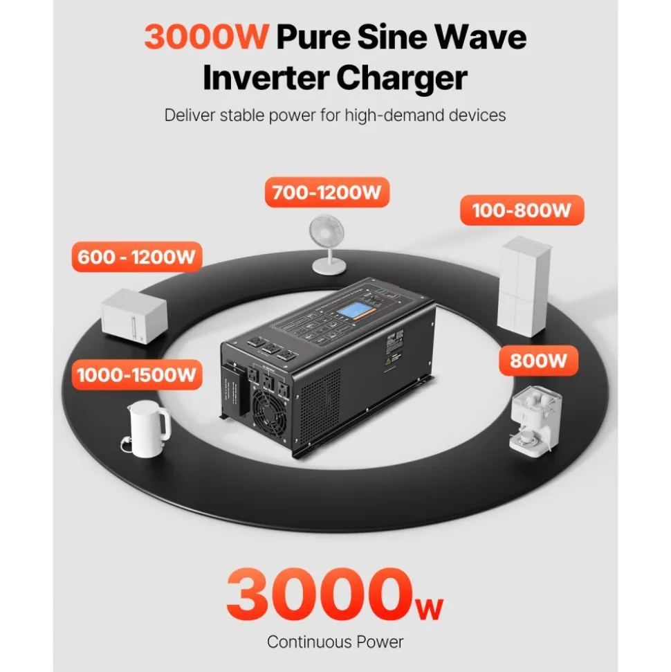 VEVOR Pure Sine Wave Inverter Charger, 3000 Watt, DC 24V to AC 120V Power Inverter with LCD Display, Remote Control, Solar Inverter for Off-Grid Solar RV Boat Home, Compatible with Various Batteries