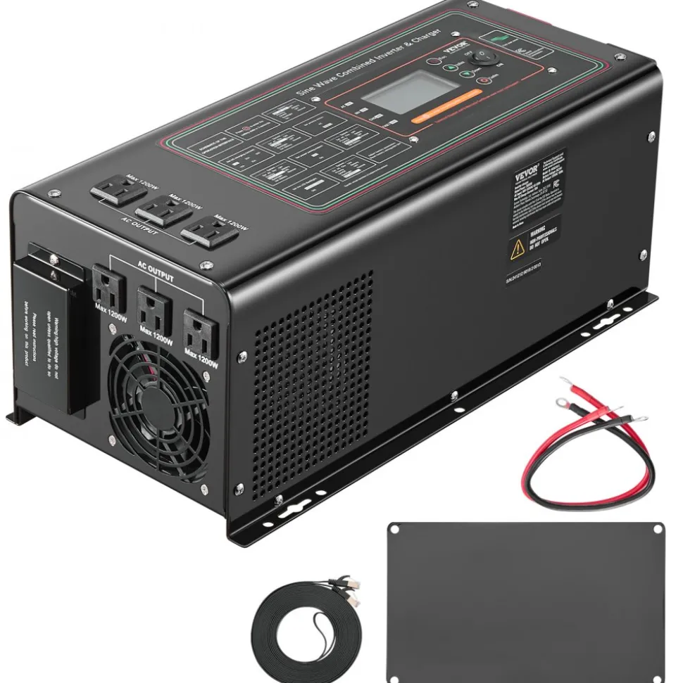 VEVOR Pure Sine Wave Inverter Charger, 3000 Watt, DC 24V to AC 120V Power Inverter with LCD Display, Remote Control, Solar Inverter for Off-Grid Solar RV Boat Home, Compatible with Various Batteries